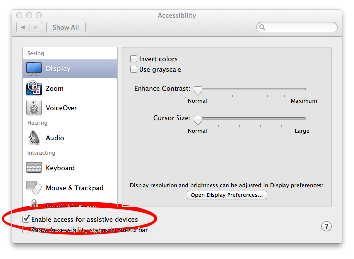 turn on enable access for assistive devices mac